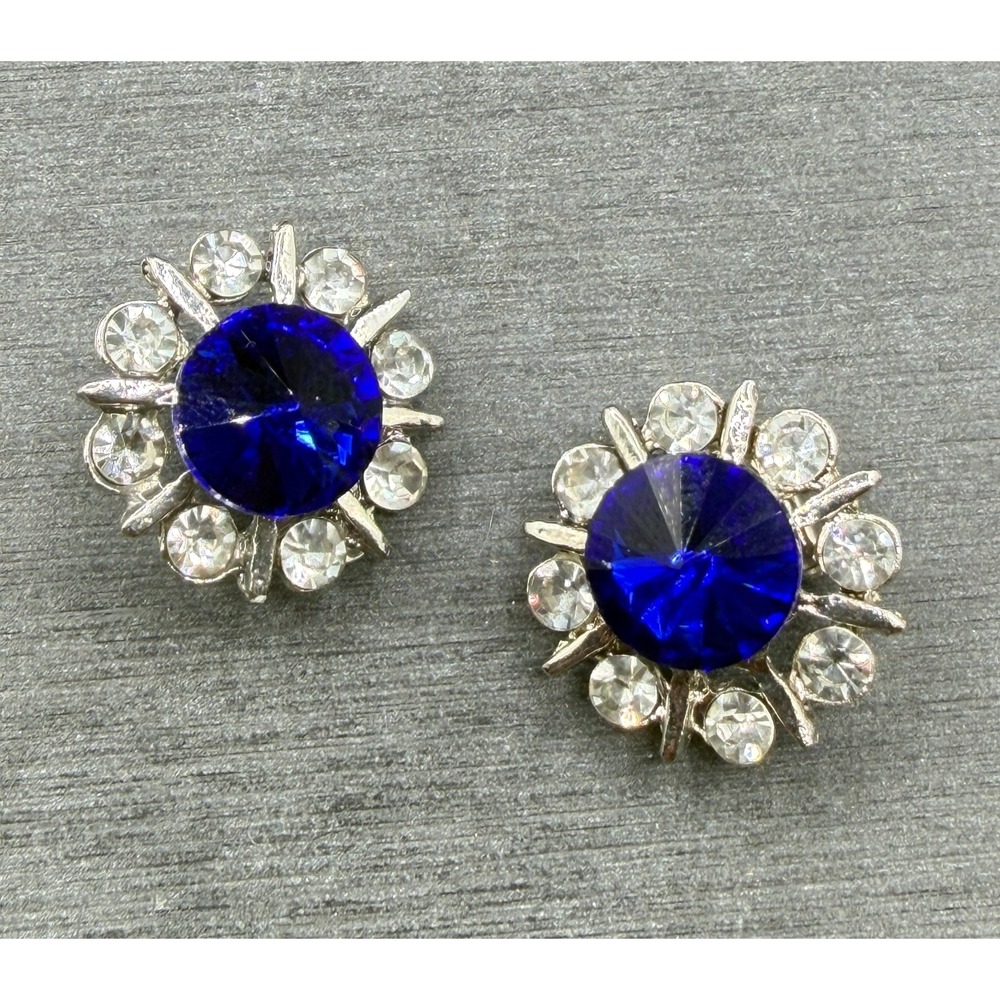 Cobalt Blue Rhinestone Starburst Clip On Earrings Silver Tone Crystal Statement